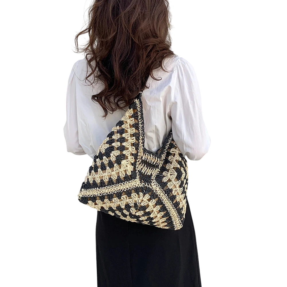 Summer Bohemian Braided Handbag Casual Tote Hollow Straw Beach Bag Woven Shoulder Bag Raffia Rattan Shopping Travel Bag