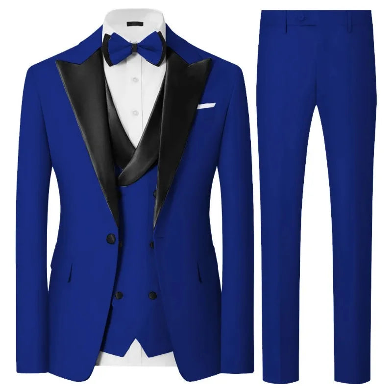 Luxury Men'sTuxedo 3-Piece SuitSatin Peak Lapel Blazer Waistcoat Pants, Elegant Formal Outfit for WeddingPromGala