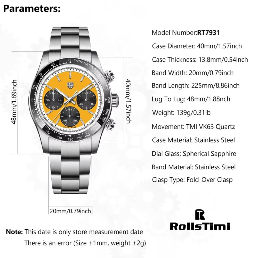 Men's Watch 2026 New RollsTimi Luxury Luminous Quartz Watches For Man Gift Waterproof Stainless Steel Chronograph Man Clocks