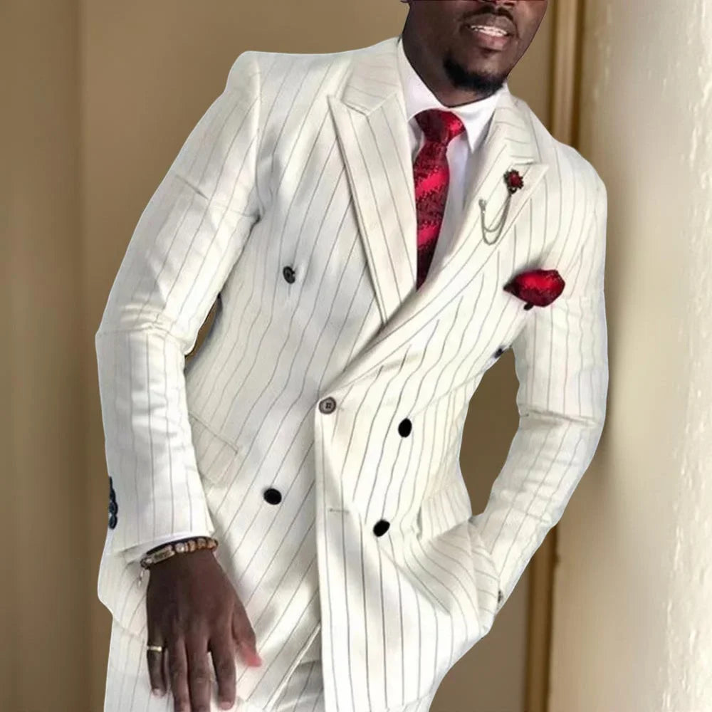 Striped Wedding Suits for Men Double Breasted Groom Tuxedo 2 Pieces Pinstripe Style Set Jacket with Pants Formal Customized Suit
