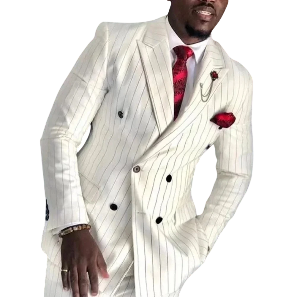 Striped Wedding Suits For Men Double Breasted Groom Tuxedo 2 Pieces Pinstripe Style Set Jacket With Pants Formal Customized Suit