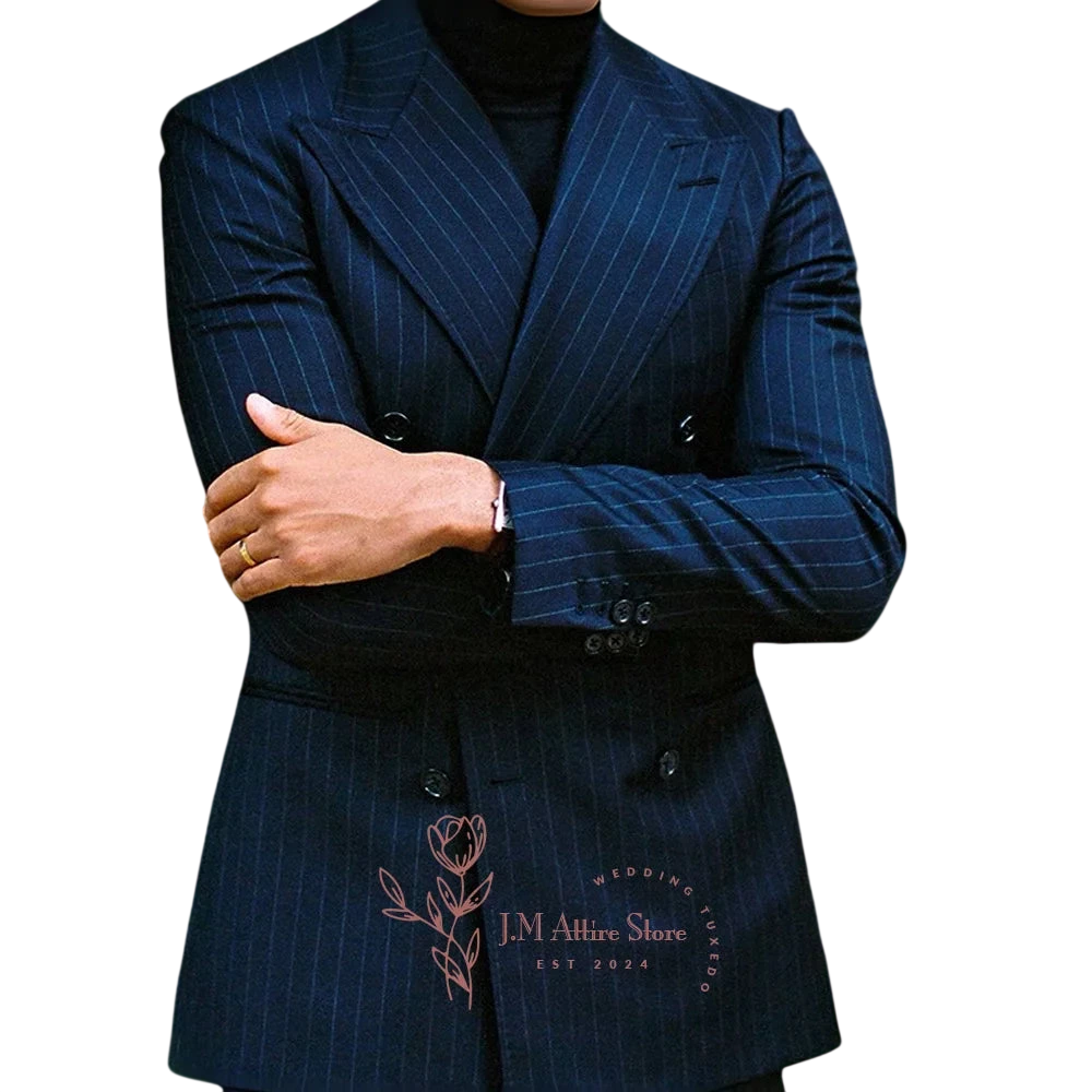 Men Formal Suit 2 Piece Set Blue Striped Peak Lapel Double Breasted Jacket Pants For Wedding Meeting Dinner Party Custom Tuxedo
