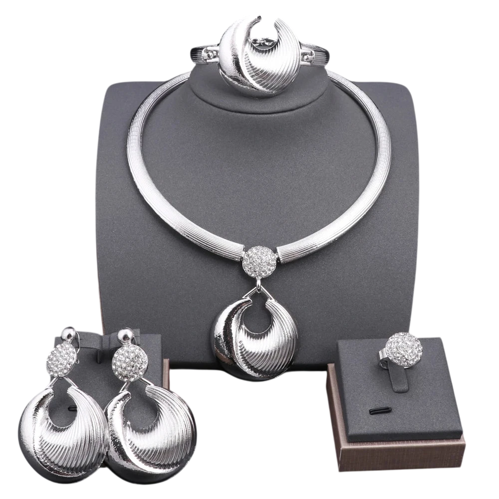 Dubai Jewelry Set For Women Silver Plated Luxury Necklace Earrings Bracelet And Ring Set Jewelry For Wedding Party Trending