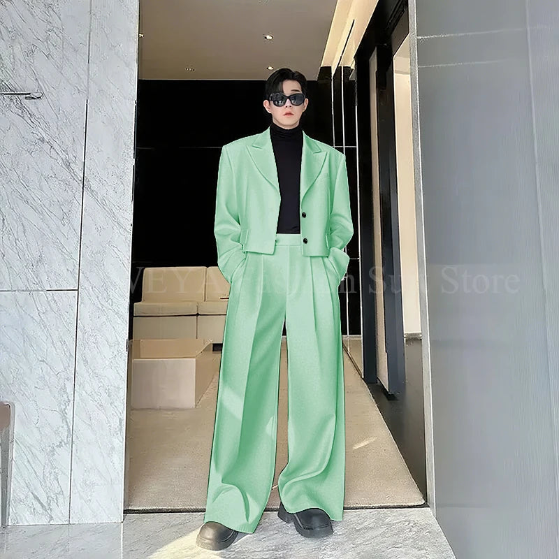 Casual Men's Suit 2 Piecs Short Jacket Pants Peak Lapel Loose Style Work Commute Social Party Fale Suits