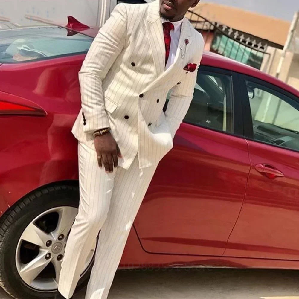 Striped Wedding Suits for Men Double Breasted Groom Tuxedo 2 Pieces Pinstripe Style Set Jacket with Pants Formal Customized Suit