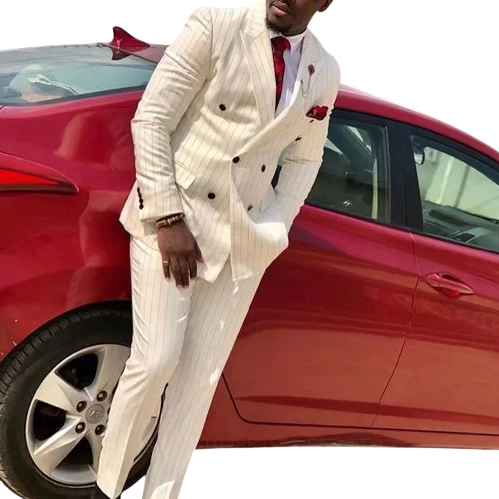 Striped Wedding Suits For Men Double Breasted Groom Tuxedo 2 Pieces Pinstripe Style Set Jacket With Pants Formal Customized Suit