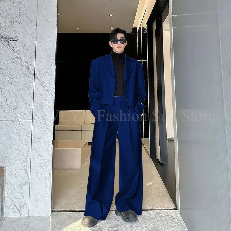 Casual Men's Suit 2 Piecs Short Jacket Pants Peak Lapel Loose Style Work Commute Social Party Fale Suits