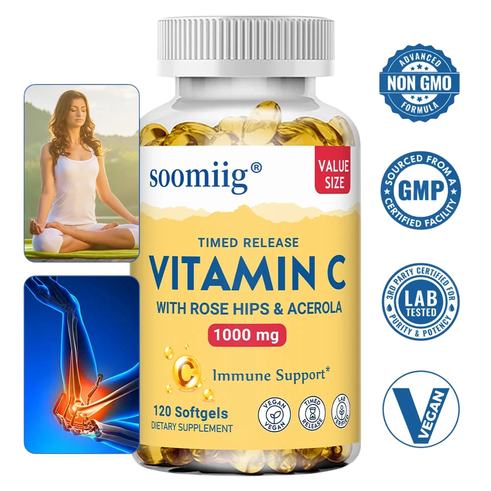 Vitamin C W Rose Hips Acerola 1000Mg Two Stage Timed Release Healthy Immune Function Skin Hair Nails Support Non Gmo