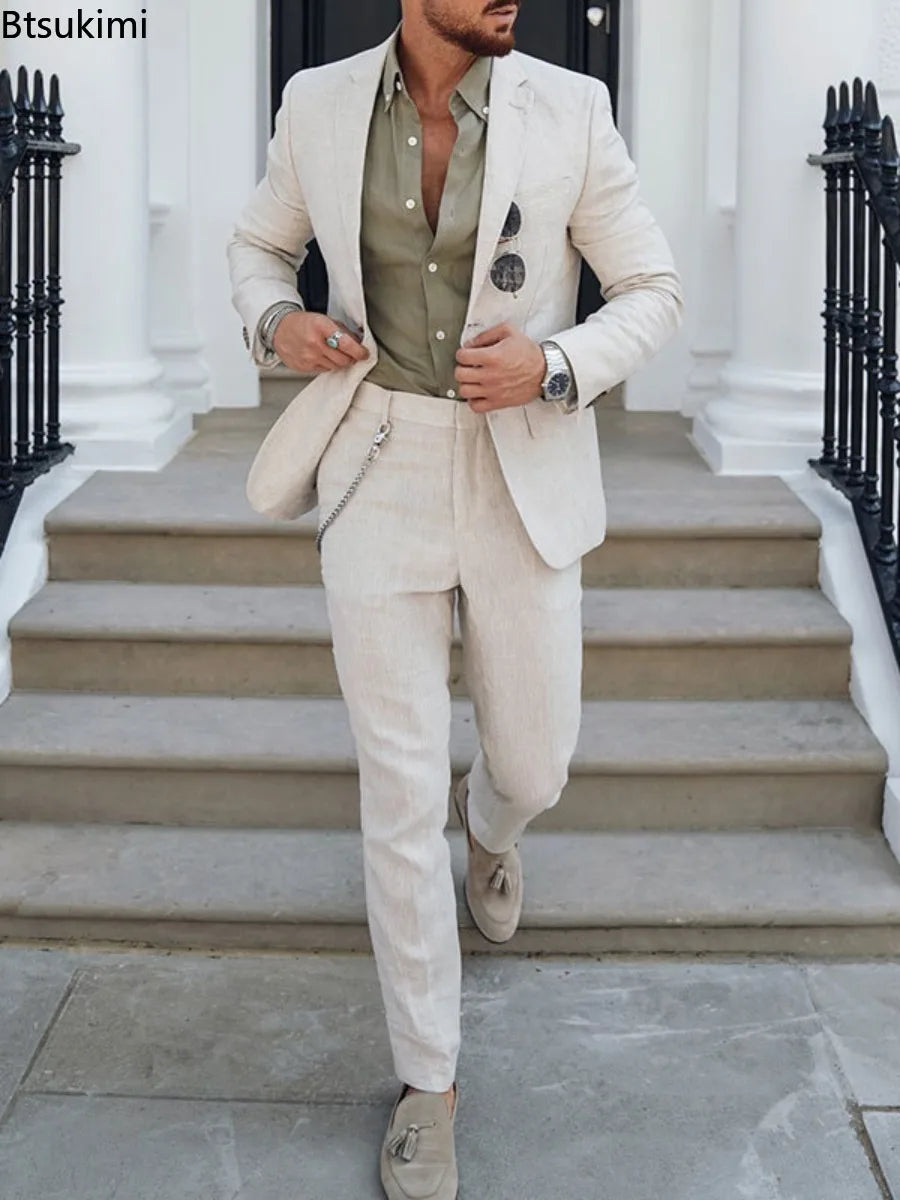 2026 Men's Suit Sets Fashion Party Formal Business Outfit Solid Tuxedo Single Button Blazer+Pants Wedding Groom Dress Two-pieces