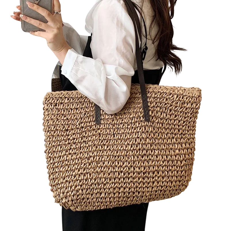 Women Handbag Summer Beach Bag Rattan Woven Handmade Knitted Straw Large Capacity Totes Leather Women Shoulder Bag Bohemia New