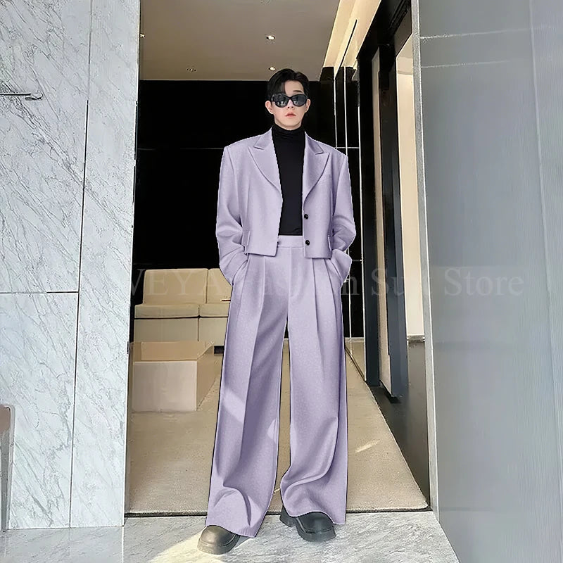 Casual Men's Suit 2 Piecs Short Jacket Pants Peak Lapel Loose Style Work Commute Social Party Fale Suits