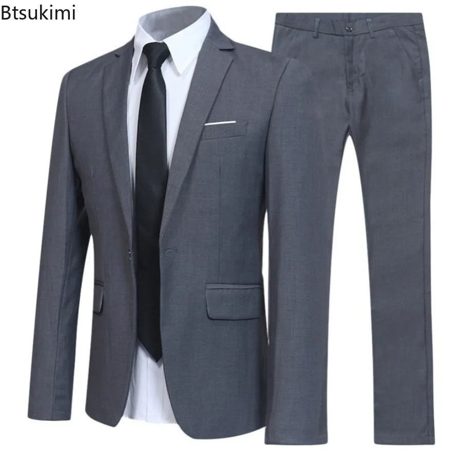 2026 Men's Two-piece Suits Solid Color Slim Fit Trendy Fashion Suit Groom's Wedding Business Formal Suit Oversized Suit S-6XL