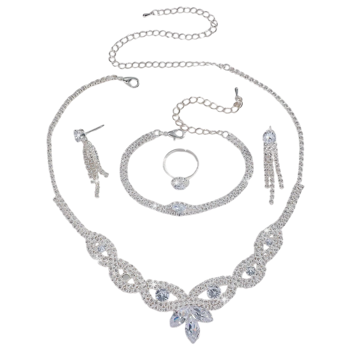 Jewelry Wholesale Fashion New Necklace Earrings Bracelet Ring Set Shiny Bride Jewelry Two Piece Set With Accessories