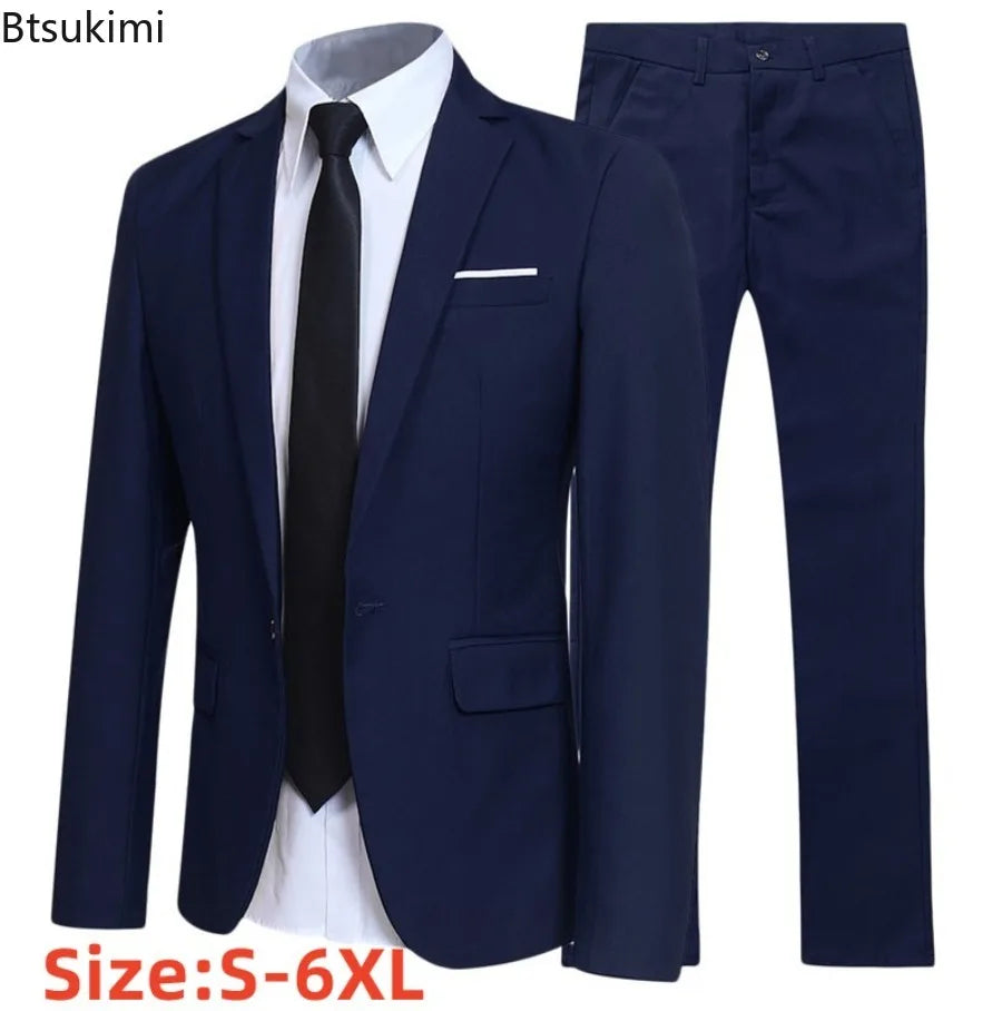 2026 Men's Two-piece Suits Solid Color Slim Fit Trendy Fashion Suit Groom's Wedding Business Formal Suit Oversized Suit S-6XL