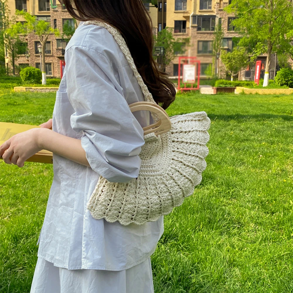 Handbag, Crochet Straw Tote Bag, Summer Beach Handbag with Wooden Handle, for Daily Use, Vacation, Casual Women