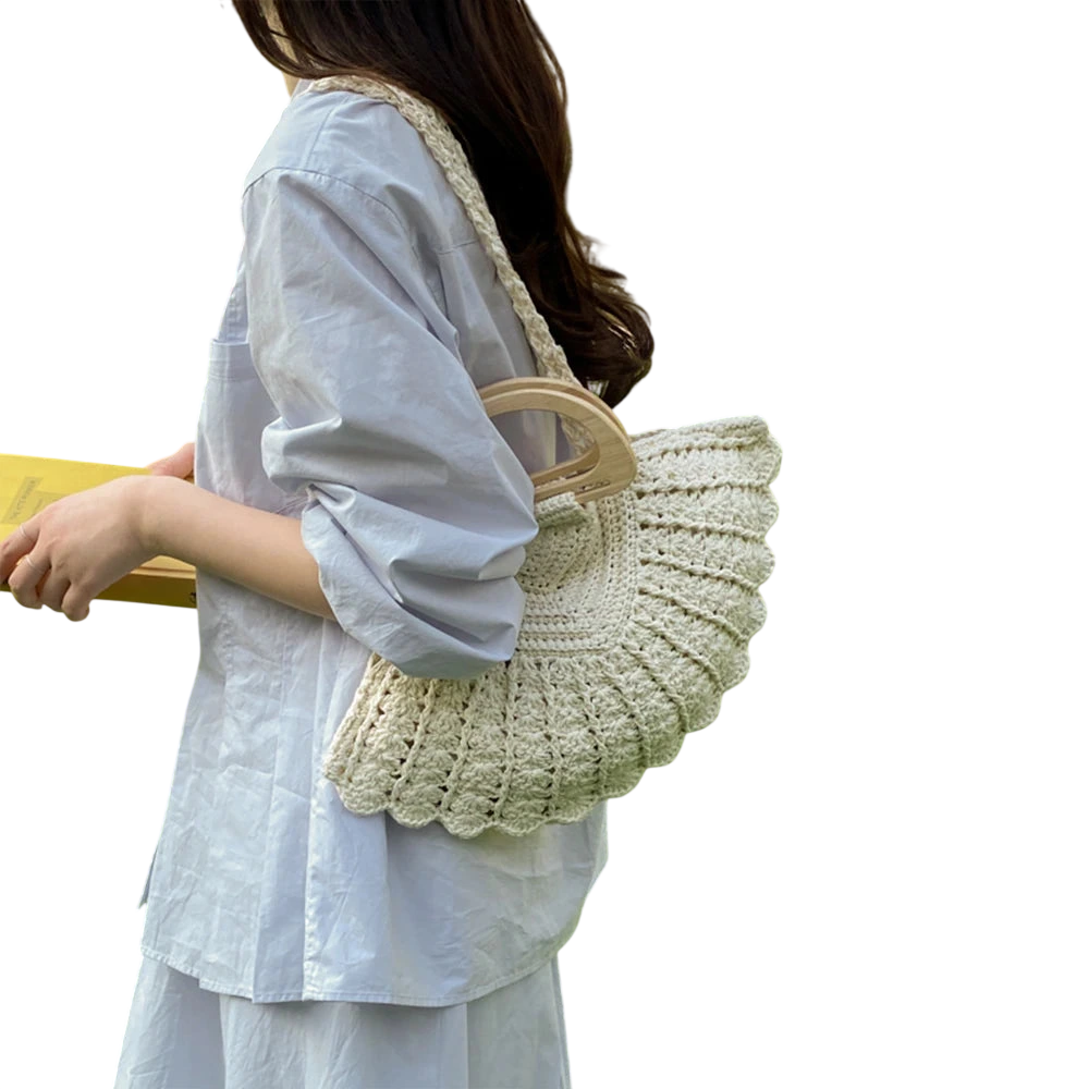 Handbag Crochet Straw Tote Bag Summer Beach Handbag With Wooden Handle For Daily Use Vacation Casual Women