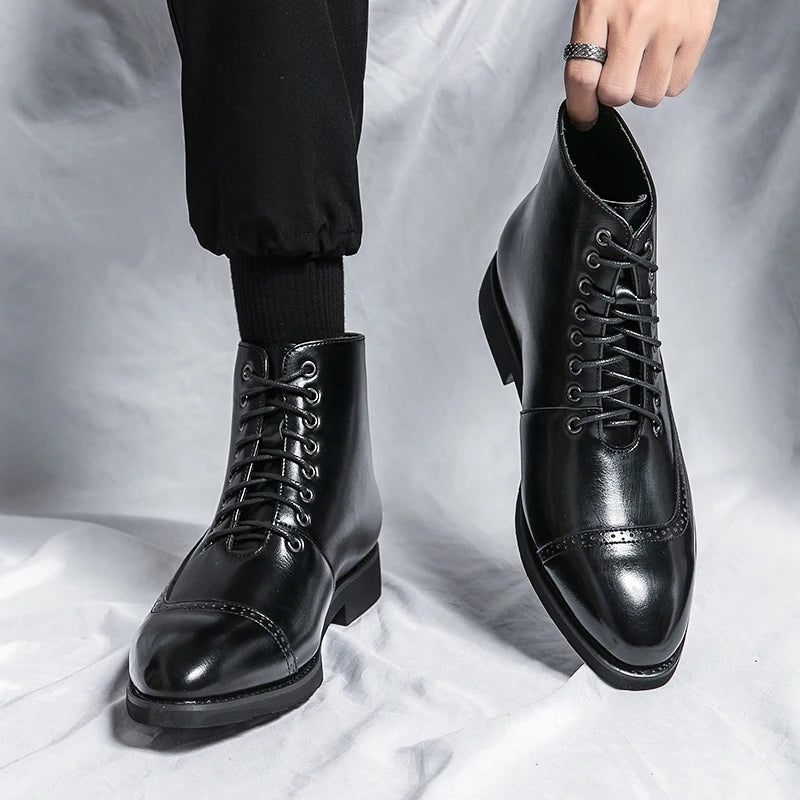 Winter Trend High Top Workwear Shoes Tips Thick Soles for Men's Business Dress Shoes British Style Men's Leather Ankle Boots