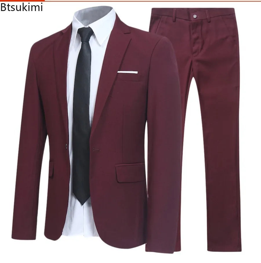 2026 Men's Two-piece Suits Solid Color Slim Fit Trendy Fashion Suit Groom's Wedding Business Formal Suit Oversized Suit S-6XL