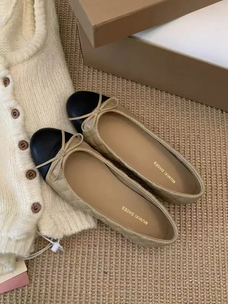 Women's Two-Tone Bowtie Flat Heel Loafers Slip-On Round Toe Dress Flats Comfortable Vintage Shoes for Office Daily Wear Party