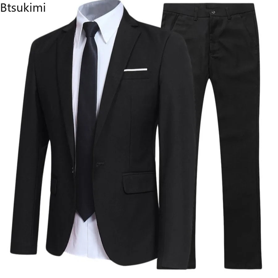 2026 Men's Two-piece Suits Solid Color Slim Fit Trendy Fashion Suit Groom's Wedding Business Formal Suit Oversized Suit S-6XL