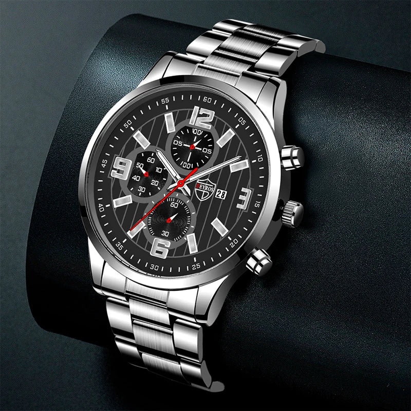 Men's Fashion Sports Watches for Men Business Stainless Steel Quartz Wristwatch Calendar Man Casual Leather Luminous Clock Watch