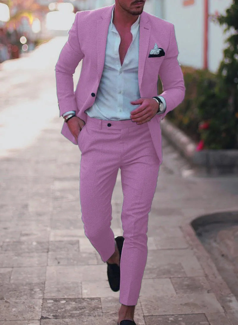 2026 Men's Suit Sets Fashion Party Formal Business Outfit Solid Tuxedo Single Button Blazer+Pants Wedding Groom Dress Two-pieces