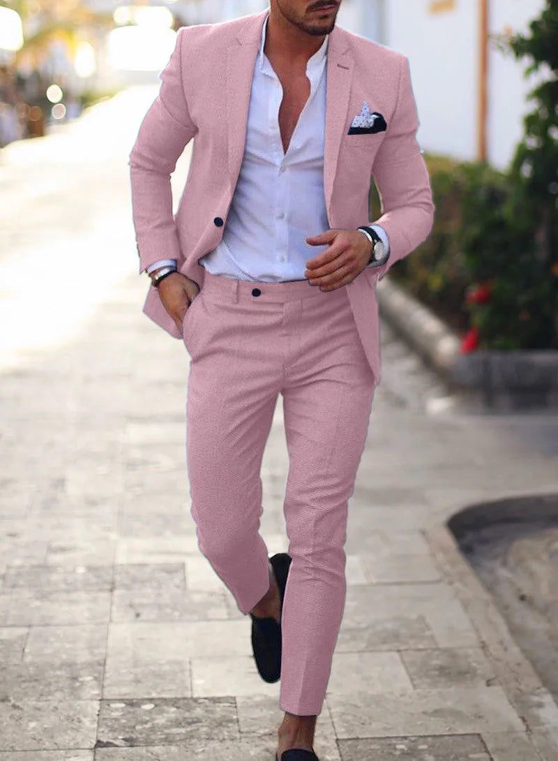 2026 Men's Suit Sets Fashion Party Formal Business Outfit Solid Tuxedo Single Button Blazer+Pants Wedding Groom Dress Two-pieces