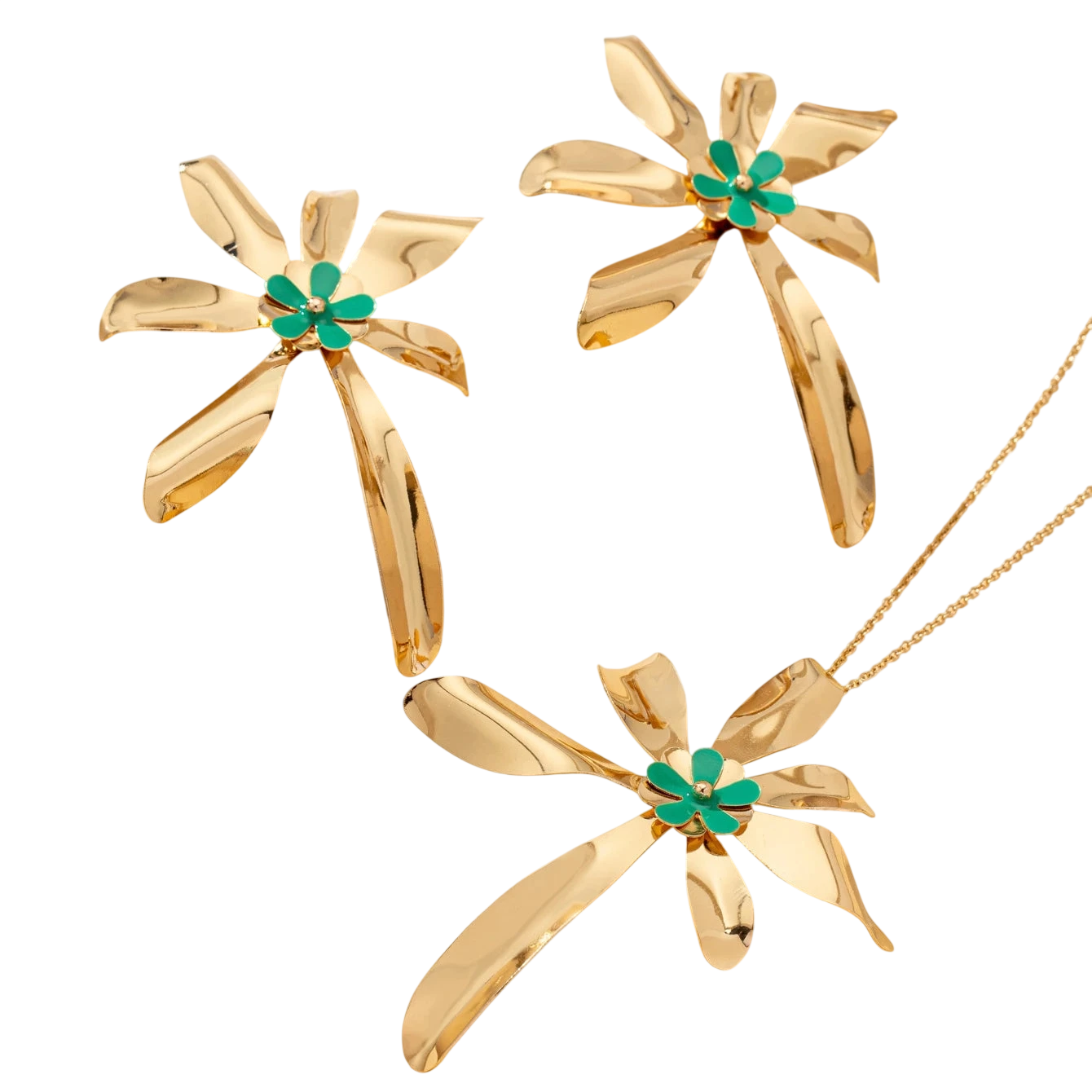 Womens Jewelry Set Exaggerated Metal Flower Center With Green Enamel Craftsmanship Earrings And Necklace Set Suitable For Daily Wear And Vacation