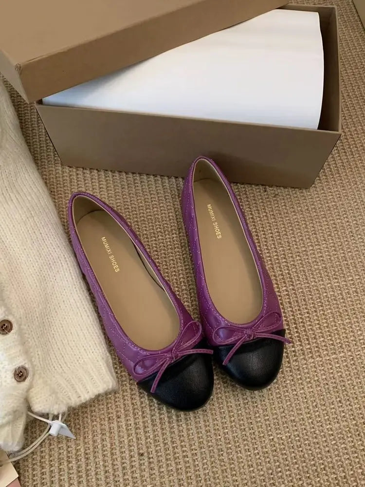 Women's Two-Tone Bowtie Flat Heel Loafers Slip-On Round Toe Dress Flats Comfortable Vintage Shoes for Office Daily Wear Party