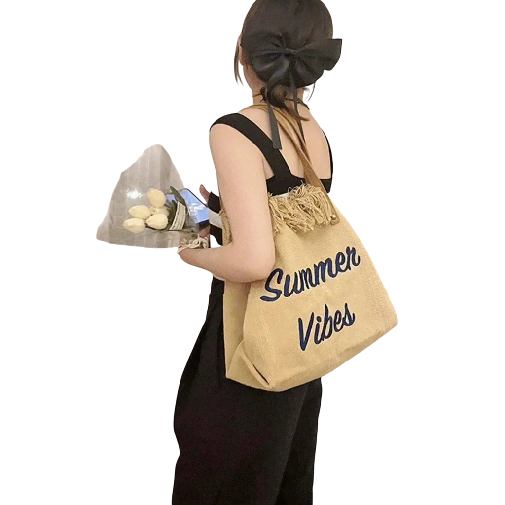 Handbag Woman Bag Design Simple Niche Travel Beach Tote Bag Tassel Letter Embroidery Fashion Large Capacity Shoulder Bags 2022