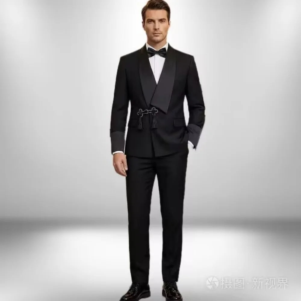 Modern Men's Slim Fit Tuxedo Suit with Tassel Shawl Collar High Quality Groom's Wedding Outfit Jacket And Pants Two-Piece Set