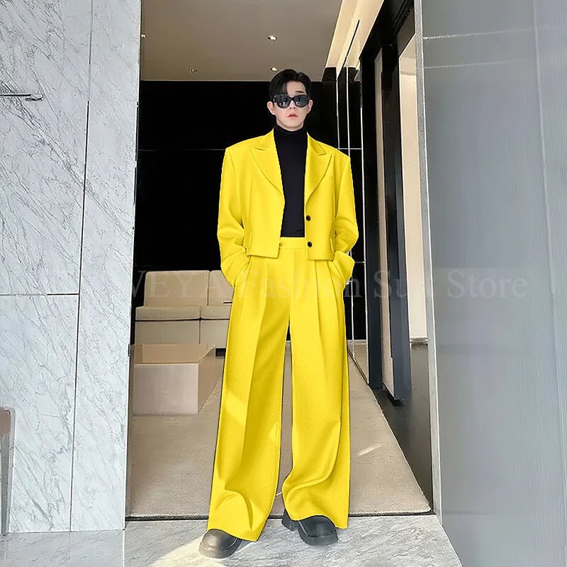 Casual Men's Suit 2 Piecs Short Jacket Pants Peak Lapel Loose Style Work Commute Social Party Fale Suits