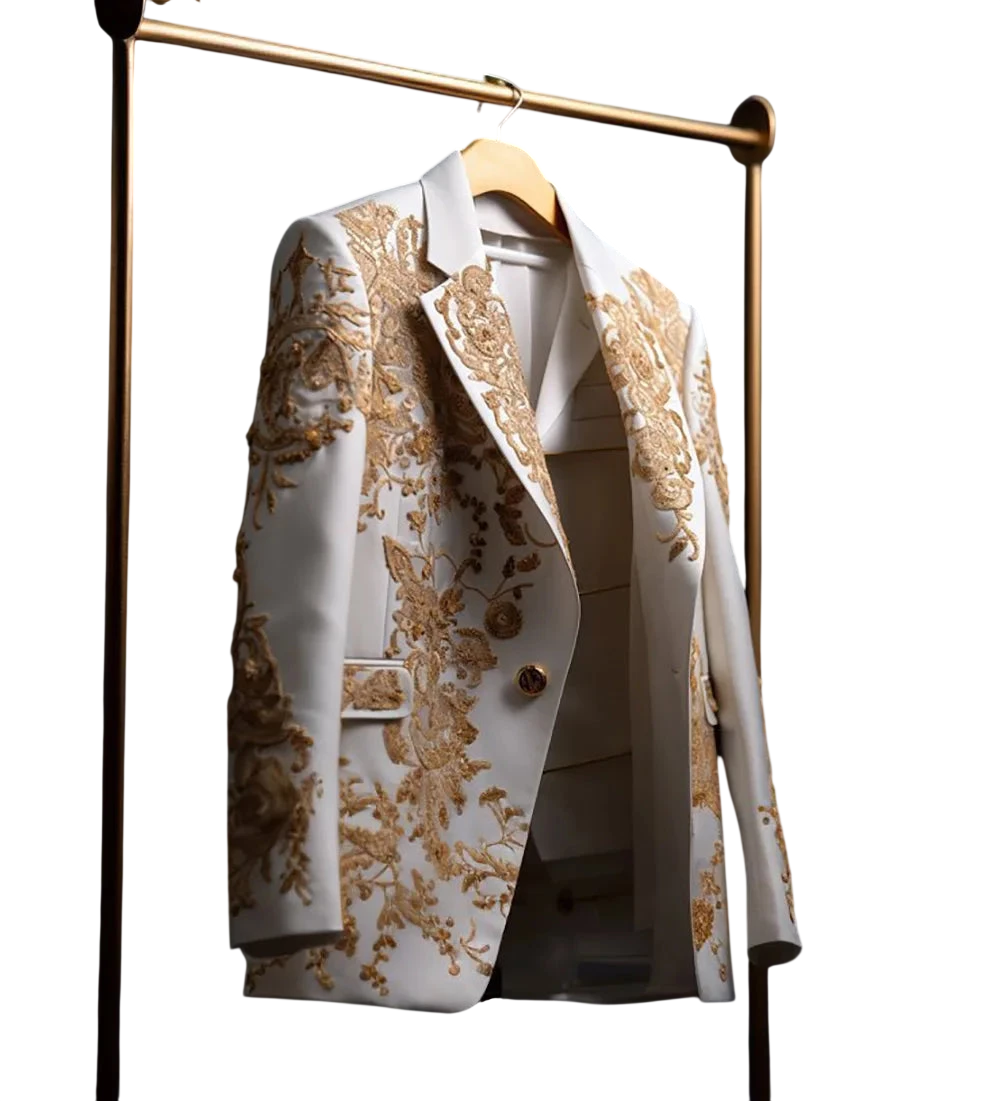 Fashion Wedding Mens Suit Gold Exquisite Embroider Business One Coat Tailor Made Groom Formal Occasions Size Customized