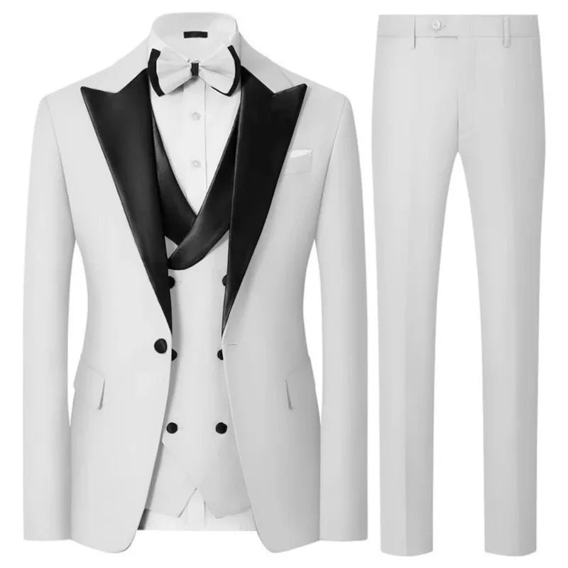 Luxury Men'sTuxedo 3-Piece SuitSatin Peak Lapel Blazer Waistcoat Pants, Elegant Formal Outfit for WeddingPromGala