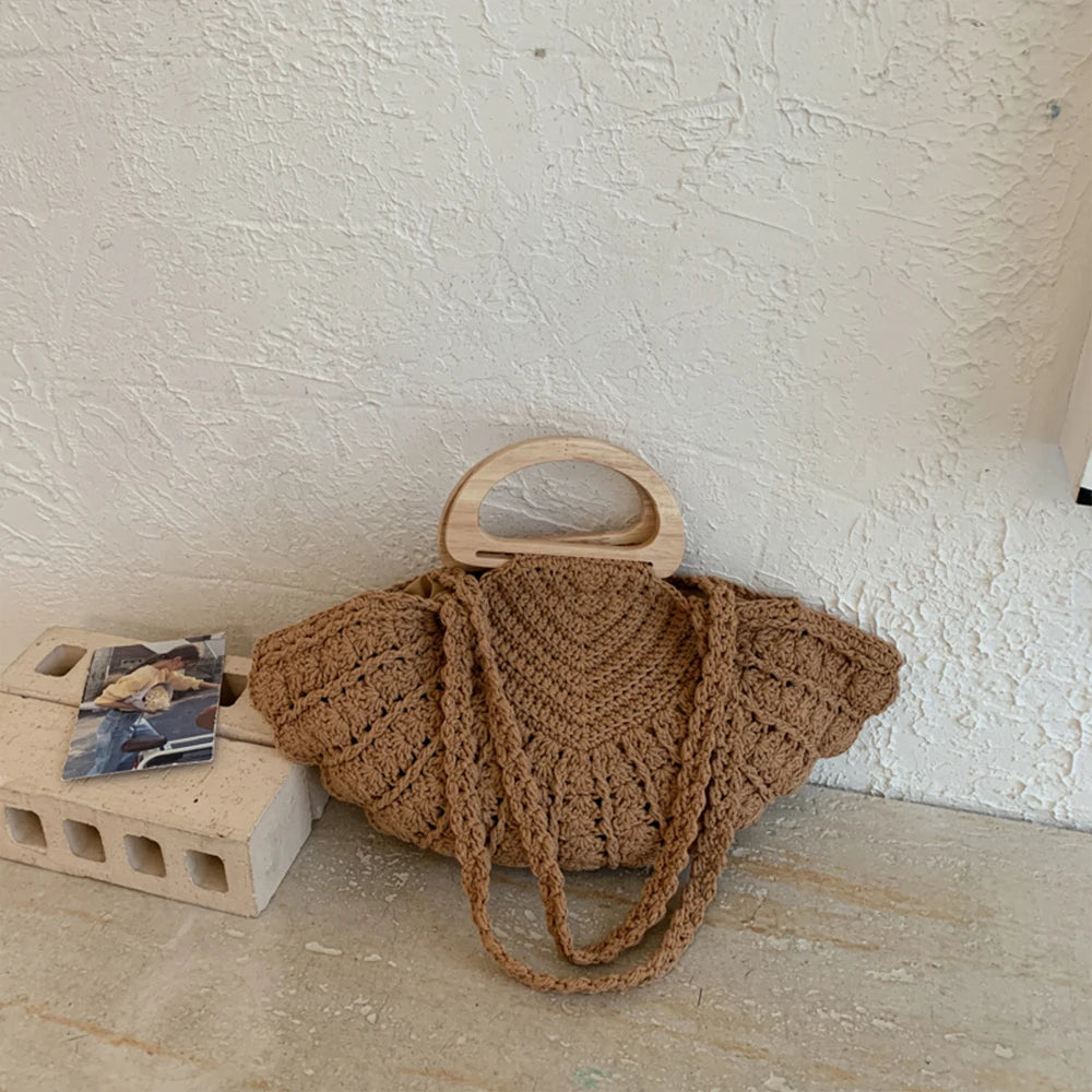 Handbag, Crochet Straw Tote Bag, Summer Beach Handbag with Wooden Handle, for Daily Use, Vacation, Casual Women