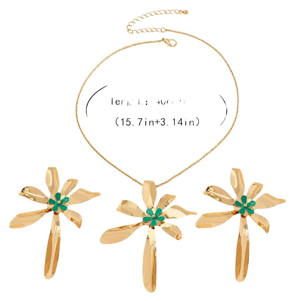Womens Jewelry Set Exaggerated Metal Flower Center With Green Enamel Craftsmanship Earrings And Necklace Set Suitable For Daily Wear And Vacation