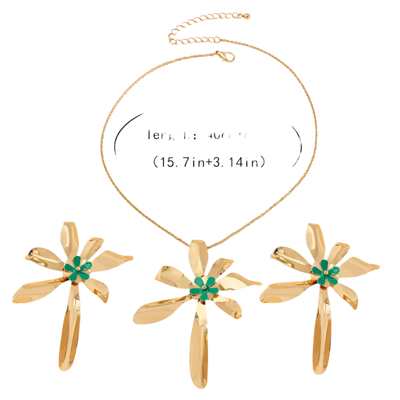 Womens Jewelry Set Exaggerated Metal Flower Center With Green Enamel Craftsmanship Earrings And Necklace Set Suitable For Daily Wear And Vacation