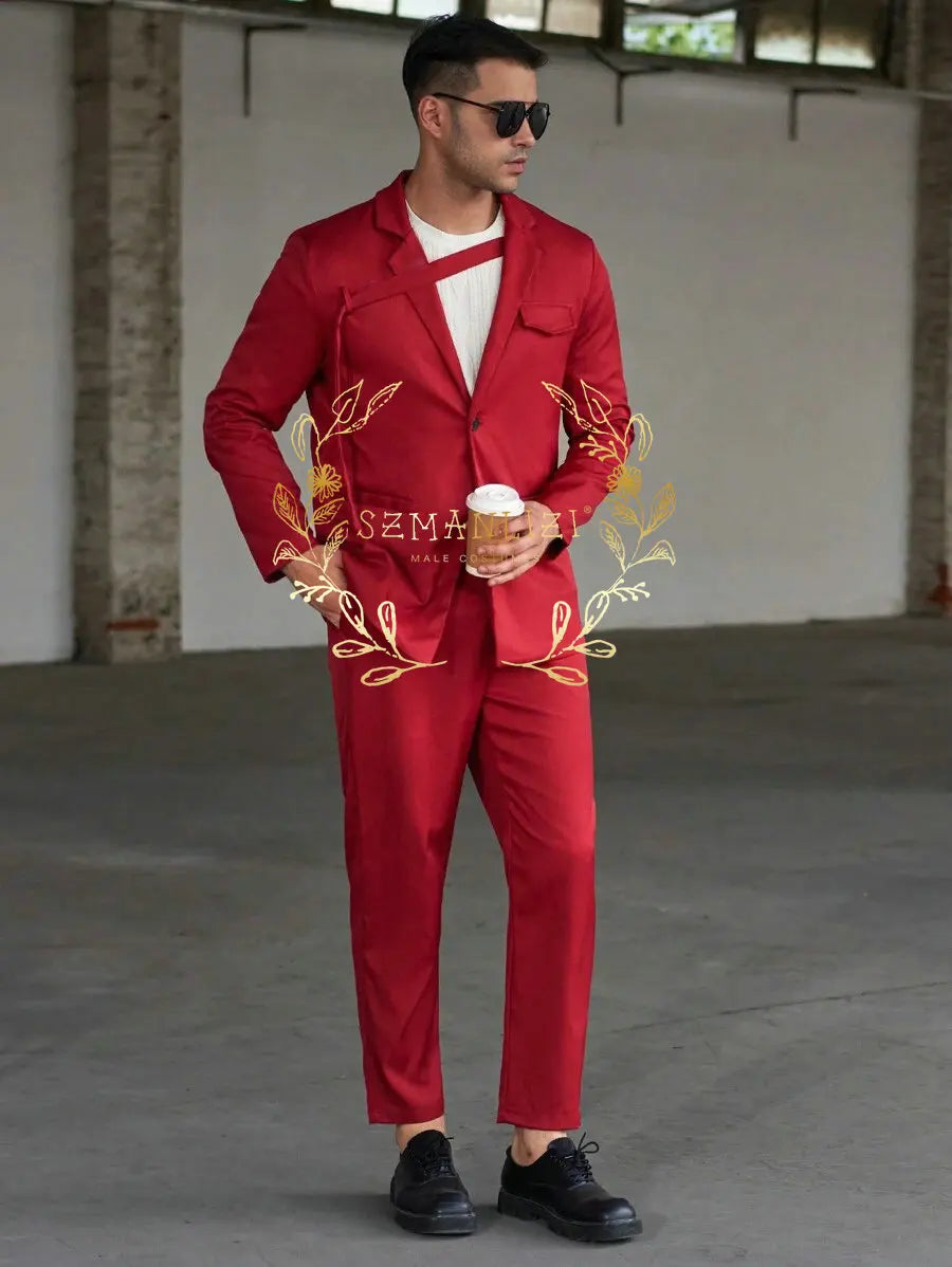 Fashionable Casual Men's Suits Red Tuxedo Notched Lapel Blazer Sets Customized Formal Wear Prom Evenings Dinner Party Suits