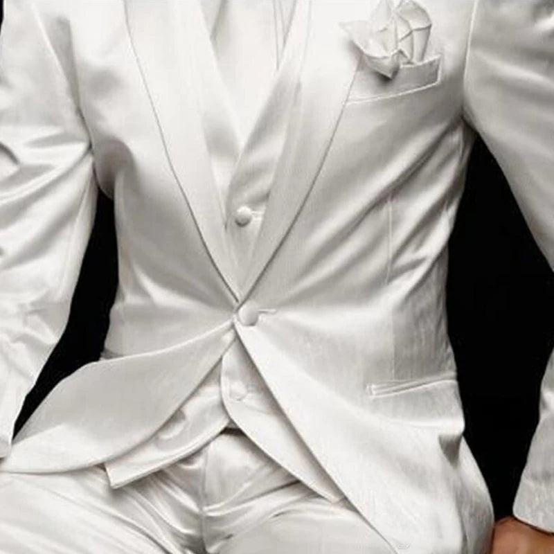 3 Piece White Satin Wedding Suits Groom Tuxedos Peaked Lapel Custom Made Handsome Business Party Male Suit ( Jacket+Pants+Vest)
