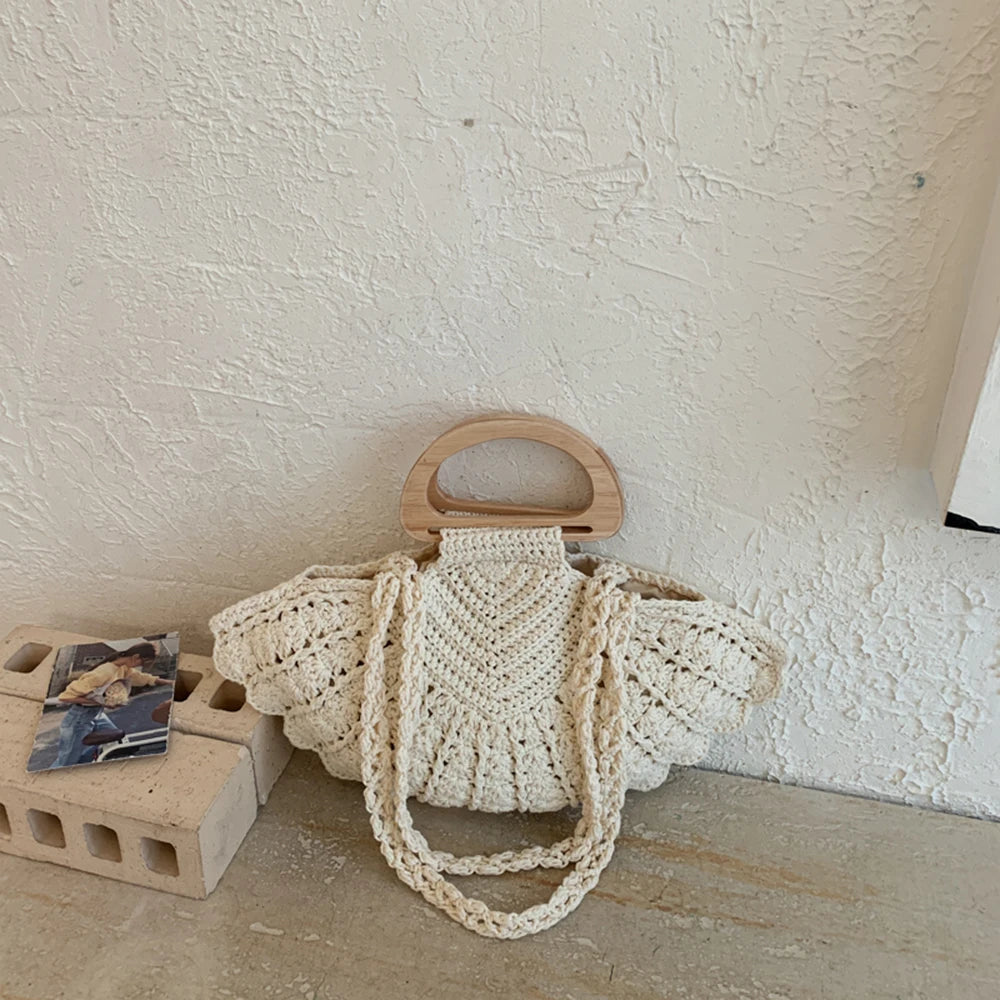 Handbag, Crochet Straw Tote Bag, Summer Beach Handbag with Wooden Handle, for Daily Use, Vacation, Casual Women