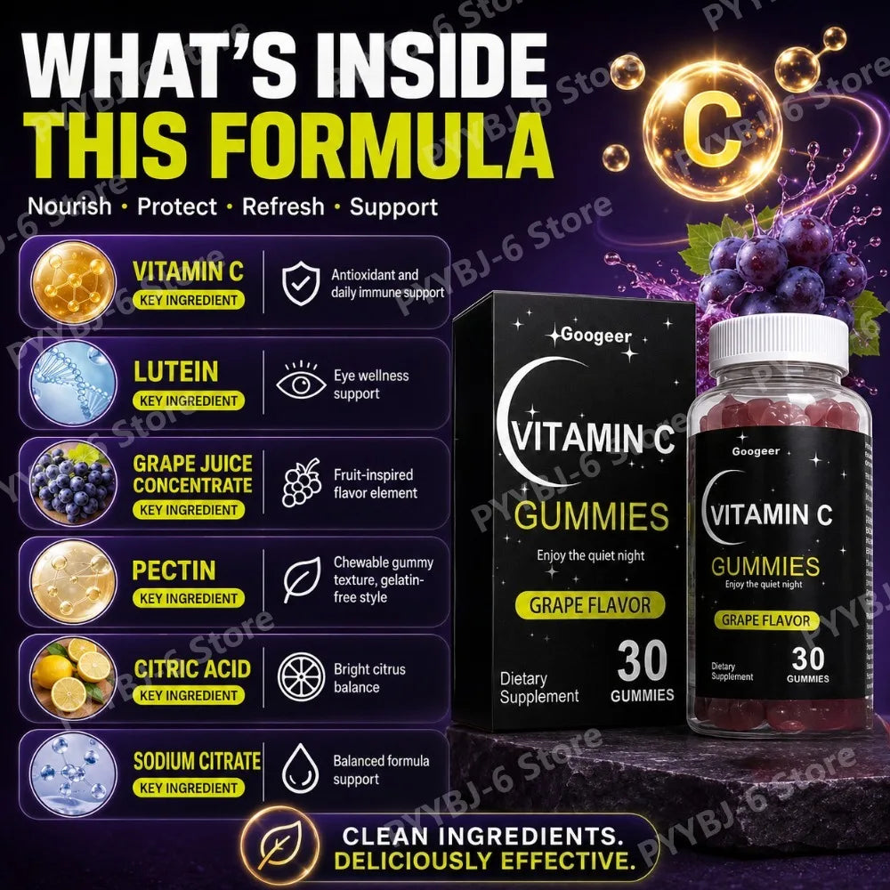 Vitamin C Gummies 30pcs Grape Flavor Chewable Dietary Supplement with Lutein Pectin Daily Immune Antioxidant Eye Support