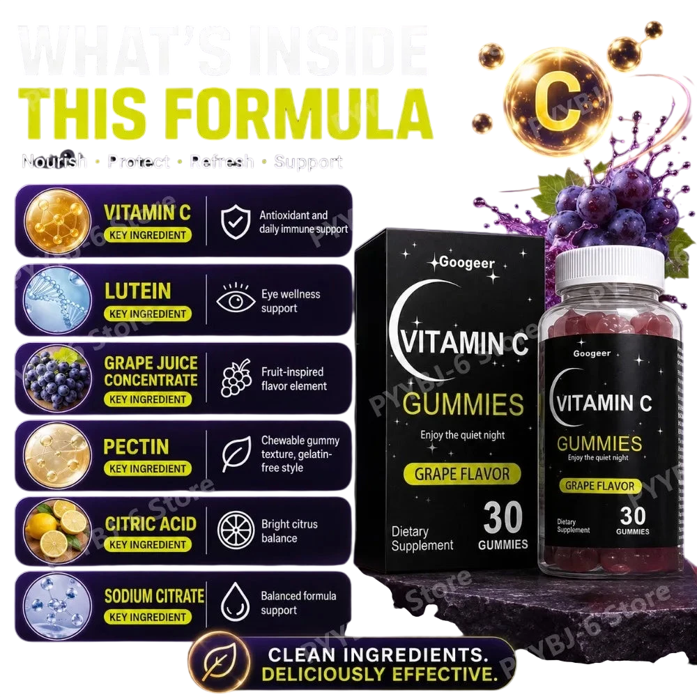 Vitamin C Gummies 30Pcs Grape Flavor Chewable Dietary Supplement With Lutein Pectin Daily Immune Antioxidant Eye Support