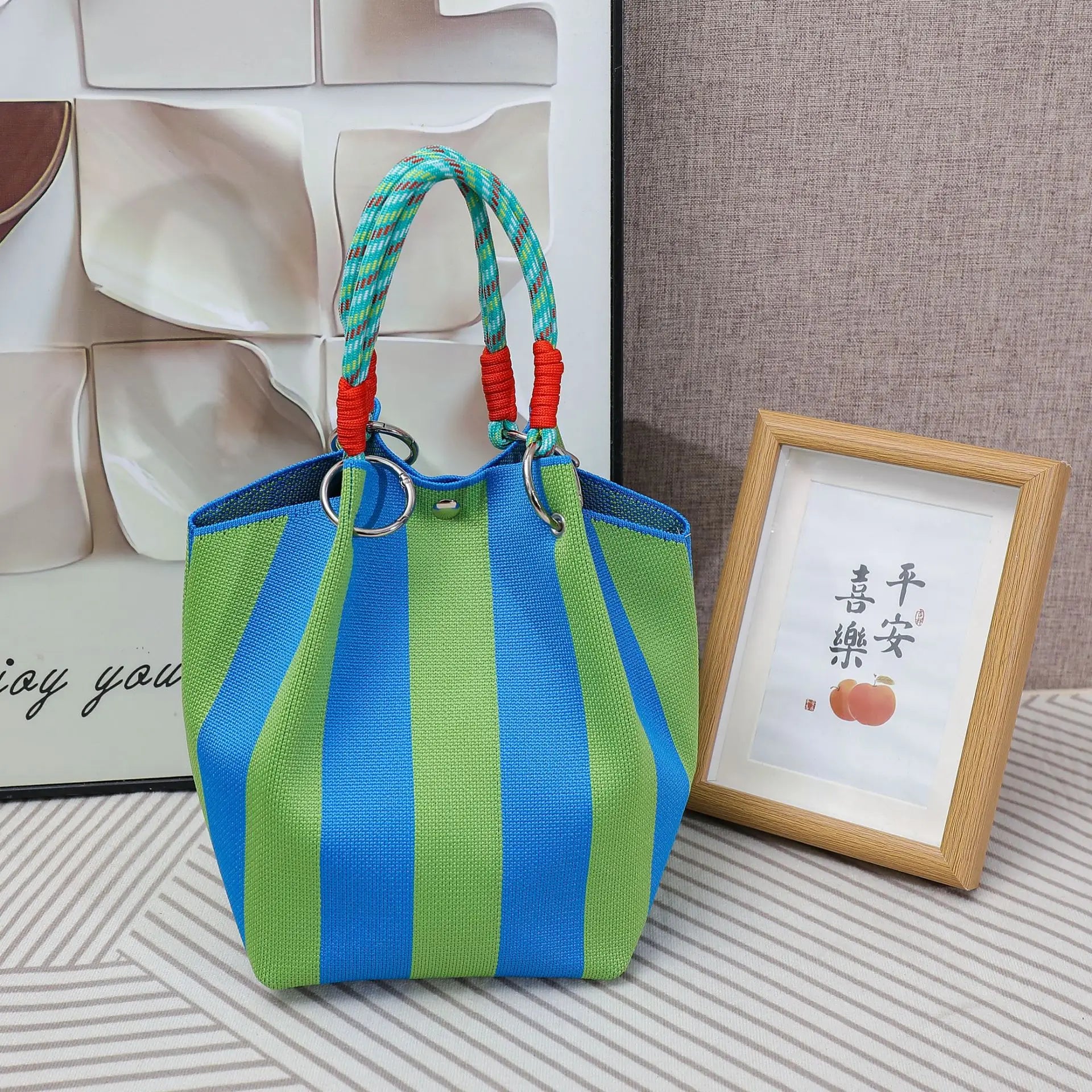 Striped handbag - Large capacity storage bag, versatile multi-color handbag, stylish bucket bag