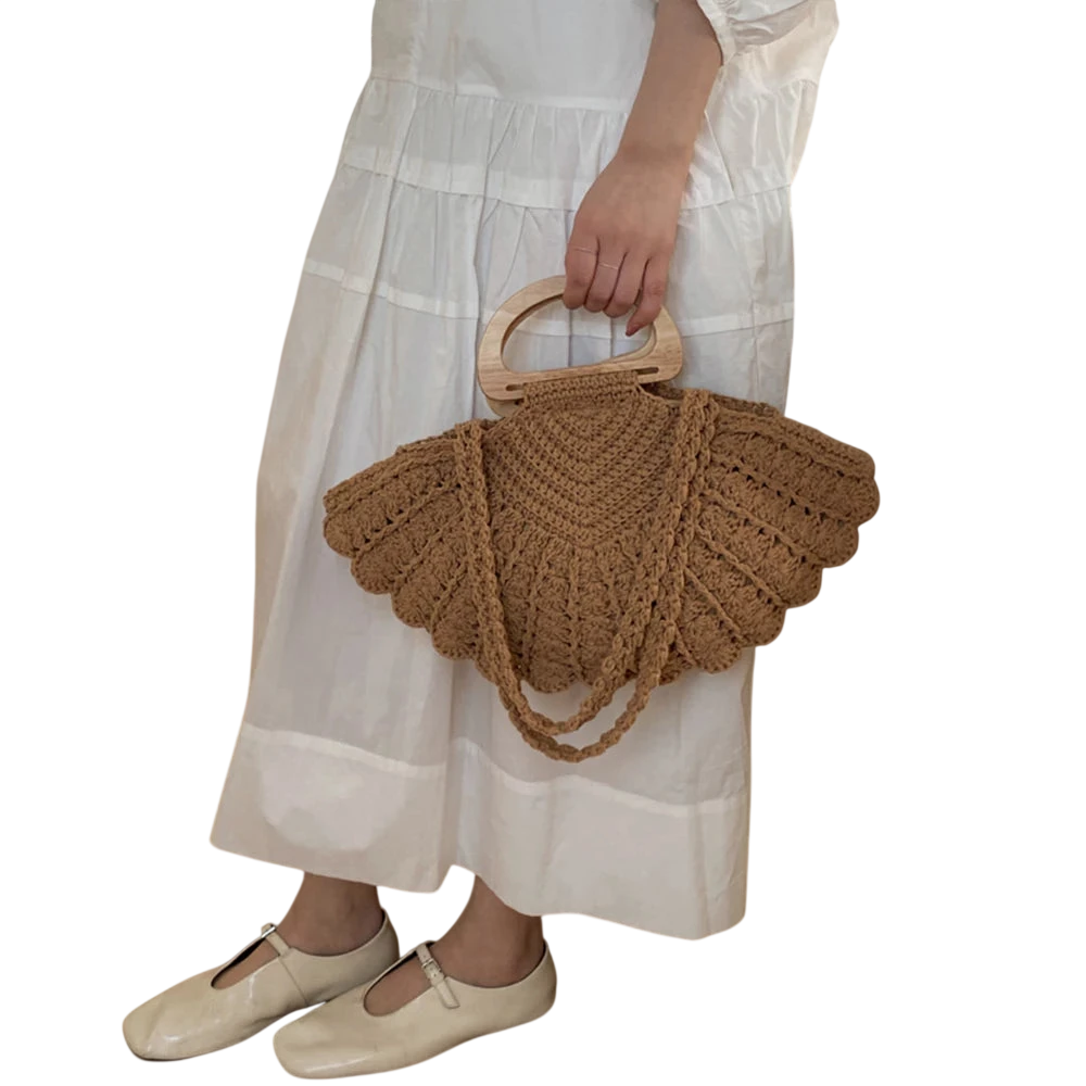 Handbag Crochet Straw Tote Bag Summer Beach Handbag With Wooden Handle For Daily Use Vacation Casual Women