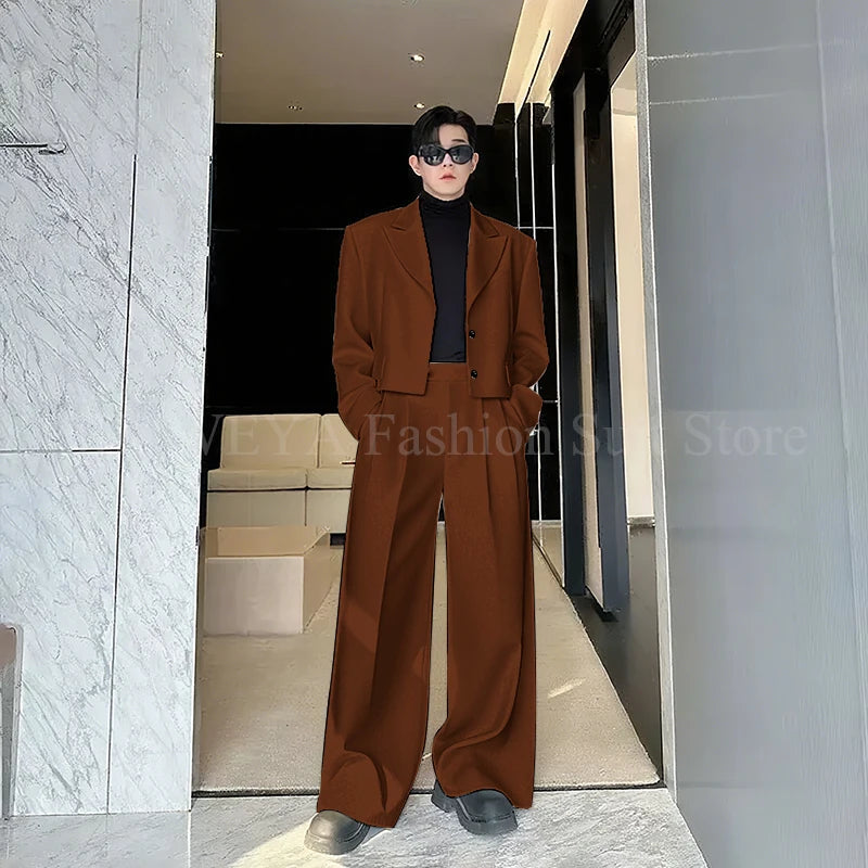 Casual Men's Suit 2 Piecs Short Jacket Pants Peak Lapel Loose Style Work Commute Social Party Fale Suits