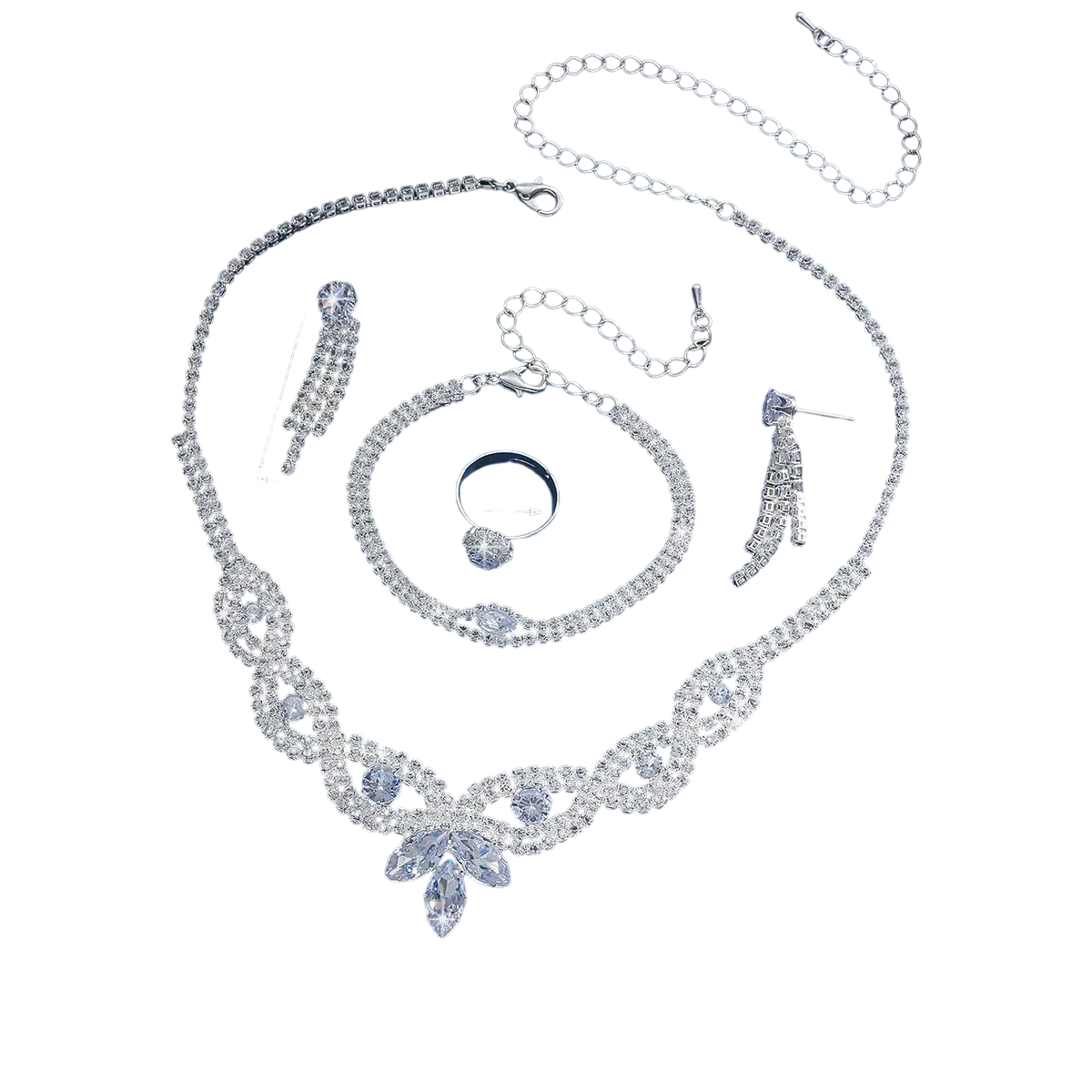 Jewelry Wholesale Fashion New Necklace Earrings Bracelet Ring Set Shiny Bride Jewelry Two Piece Set With Accessories