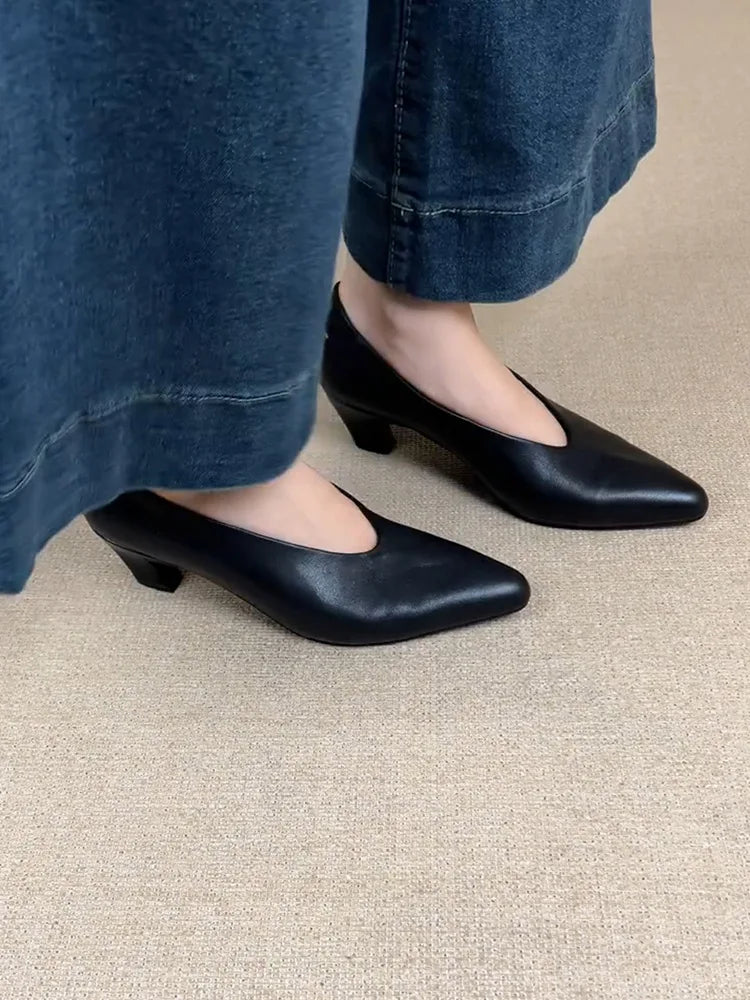 New Black High Heel Dress Shoes for Woman Spring Pointed End Shallow Vintage Office Work Shoes Pumps Zapatos