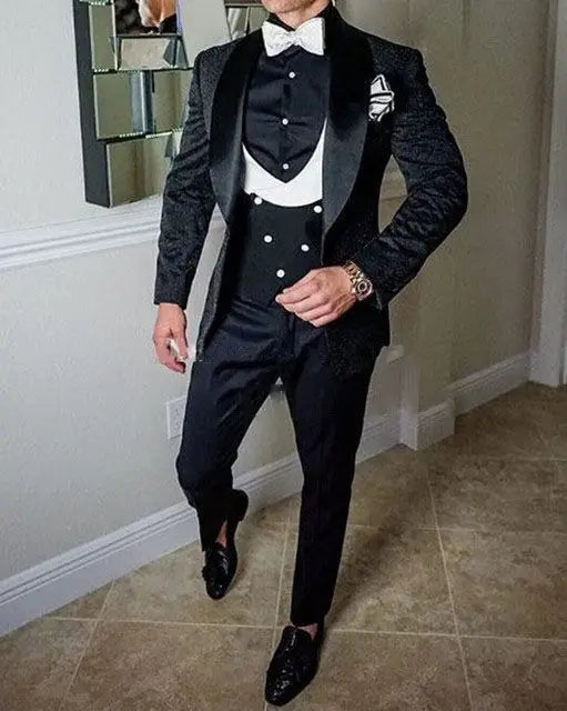 Men's Wedding Suit 2023 Italian Design Custom Black Smoking Tuxedo Jacket 3-piece Set (coat Vest Pants) Men's Groom Terno Suit