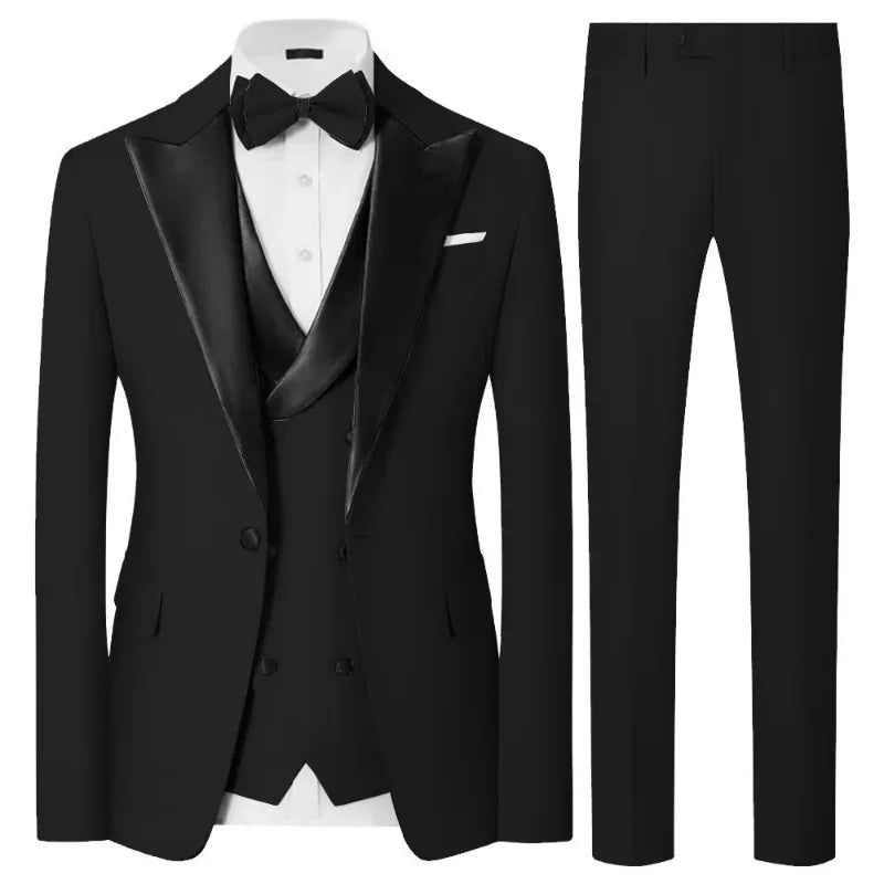 Luxury Men'sTuxedo 3-Piece SuitSatin Peak Lapel Blazer Waistcoat Pants, Elegant Formal Outfit for WeddingPromGala