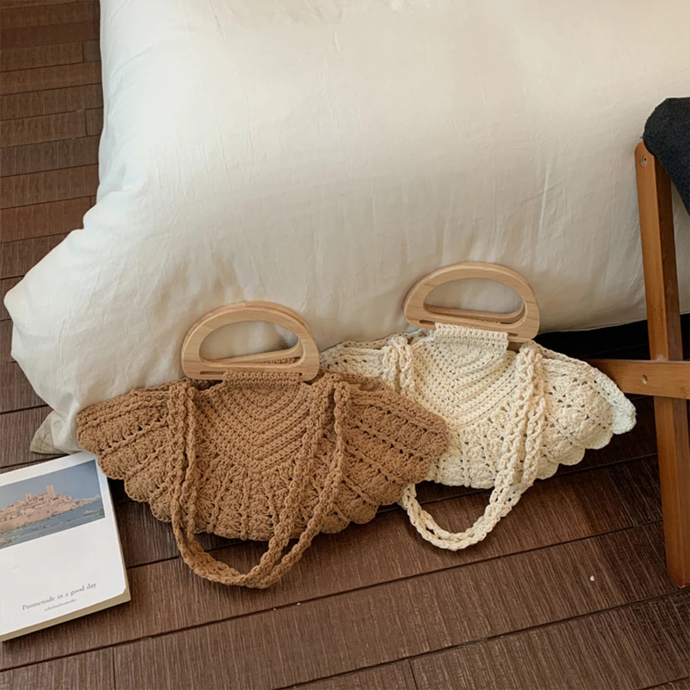 Handbag, Crochet Straw Tote Bag, Summer Beach Handbag with Wooden Handle, for Daily Use, Vacation, Casual Women